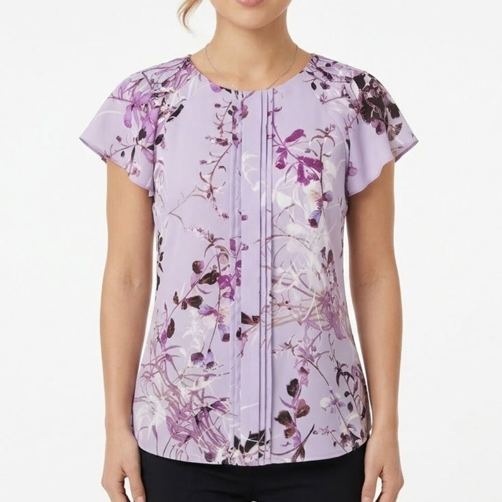Worthington Fairycore Lavender Floral Flutter Sleeve Pleated Front Blouse PS